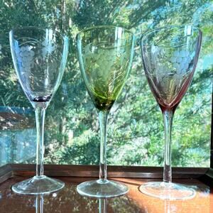 Hand Blown Wine Glasses Green & Purple Etched Grape Set of 3